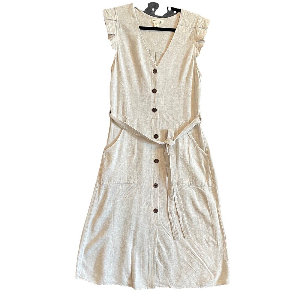 New Monteau Los Angeles Linen Blend Button Front V Neck Midi Dress Beige Size Lg